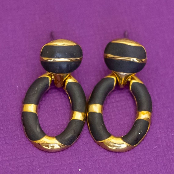 Vintage Black/Gold Tone Round Oval Dangle Earrings