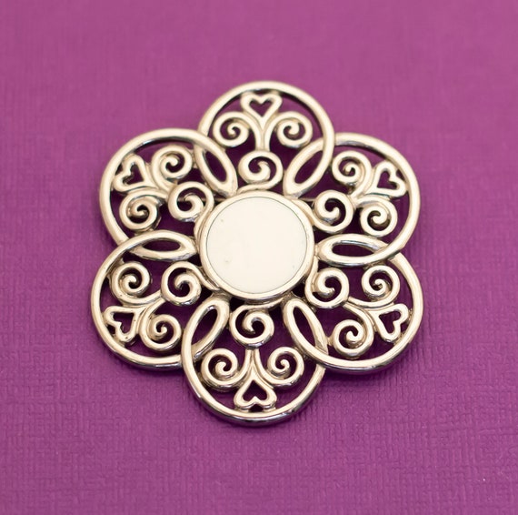 Vintage Floral White and Silver Tone Brooch by Tr… - image 1