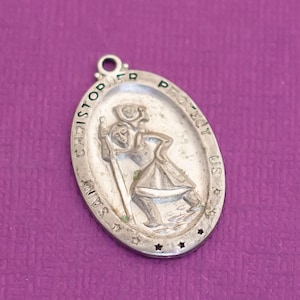 Vintage Saint Christopher Protect Us Sterling Silver Necklace Pendant - Q16