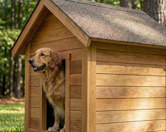 May include: A wooden dog house with a gabled roof and a golden retriever dog looking out of the doorway. The dog house is made of light brown wood and is set in a grassy area with trees in the background.