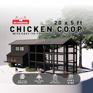 20x5 ft Modern Chicken Coop Plans For 10-15 Chickens - Walk in Chicken Coop Plans - PDF Download