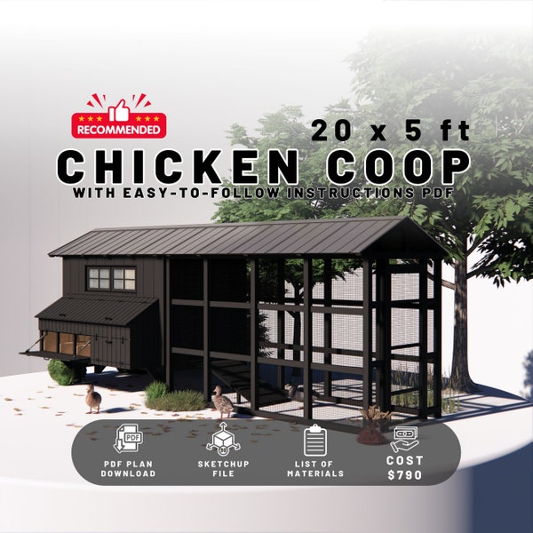 20x5 ft Modern Chicken Coop Plans For 10-15 Chickens - Walk in Chicken Coop Plans - PDF Download