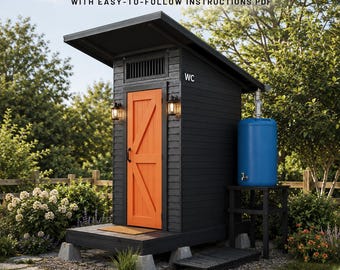 Outhouse Plans PDF: DIY Outdoor Toilet Building Plan, 7x5 ft Backyard Privy with Rainwater Tank, Instant Download