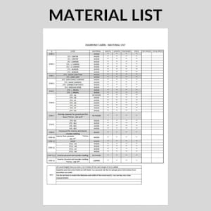 May include: A detailed material list for building a diamond cabin. The list includes the code, material, width, length, thickness, piece, quantity, and price for each item. The list is organised by step, with each step representing a different stage of construction.