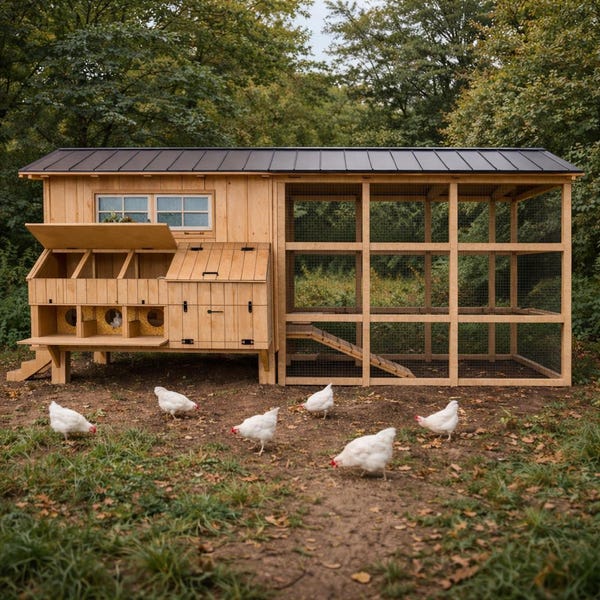 Planos para un gallinero grande con capacidad para 10-20 gallinas - Plano para construir un gallinero de patio trasero con acceso directo - Descarga instantánea en PDF con corral para gallinas