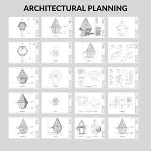 May include: Architectural planning blueprints for a hexagonal shaped house with a pointed roof. The blueprints include multiple views of the house, including front, side, and top views. The blueprints are in black and white.
