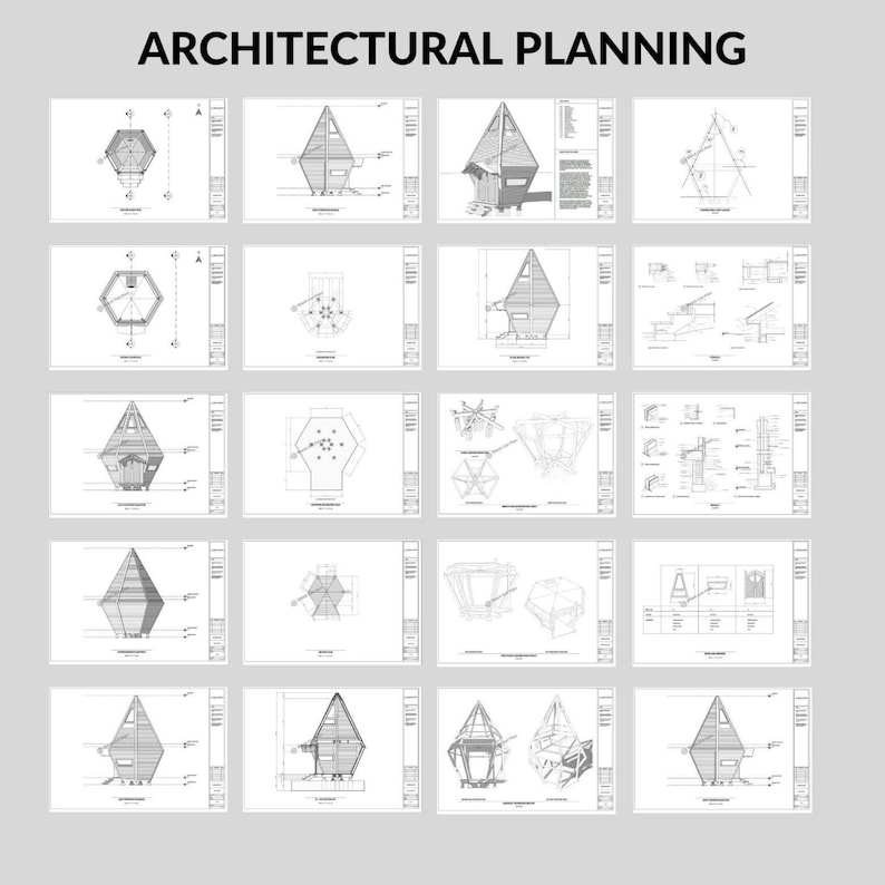 May include: Architectural planning blueprints for a hexagonal shaped house with a pointed roof. The blueprints include multiple views of the house, including front, side, and top views. The blueprints are in black and white.