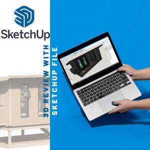 May include: A laptop computer with a 3D model of a small building on the screen. The laptop is open and the screen is tilted up. The laptop is on a blue surface. The text "SketchUp" is in the upper left corner of the image. The text "3D Review with SketchUp File" is in the upper right corner of the image.