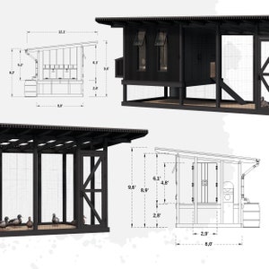 May include: A black and white line drawing of a chicken coop with a nesting box, a run, and a ramp. The coop is 12.1 feet long, 8 feet wide, and 9.6 feet tall. The run is 8.9 feet long and 2.8 feet wide. The ramp is 2.9 feet long and 8 feet wide.