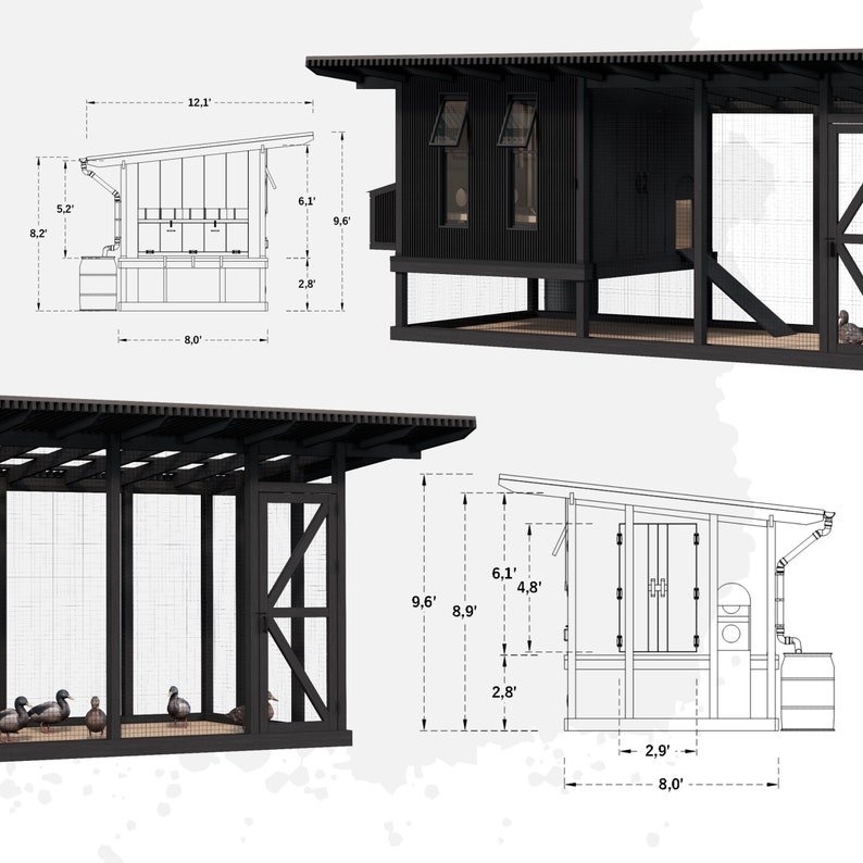 May include: A black and white line drawing of a chicken coop with a nesting box, a run, and a ramp. The coop is 12.1 feet long, 8 feet wide, and 9.6 feet tall. The run is 8.9 feet long and 2.8 feet wide. The ramp is 2.9 feet long and 8 feet wide.