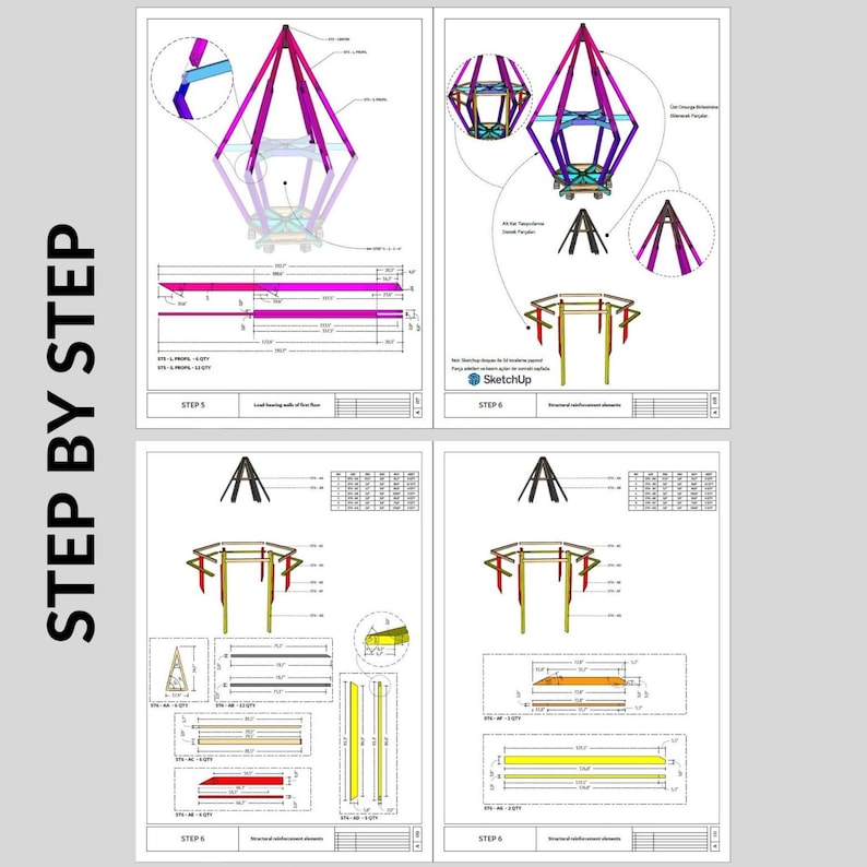 May include: A step-by-step guide for building a hexagonal gazebo. The diagrams show the construction process, including the placement of beams, supports, and reinforcement elements. The text includes the words "STEP 5" and "STEP 6".
