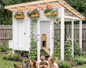 May include: A white and wood chicken coop with a clear roof, flower boxes, and a ramp. Chickens are in the foreground, and two children are kneeling on the grass. The coop has a door and wire mesh sides.
