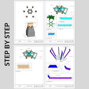 May include: A step-by-step diagram showing how to build a hexagonal structure. The diagram includes a ground floor plan, a ground floor structure, and a loading bearing of the ground floor. The structure is made of wood and has a blue and purple colour scheme.