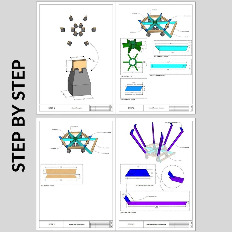 May include: A step-by-step diagram showing how to build a hexagonal structure. The diagram includes a ground floor plan, a ground floor structure, and a loading bearing of the ground floor. The structure is made of wood and has a blue and purple colour scheme.