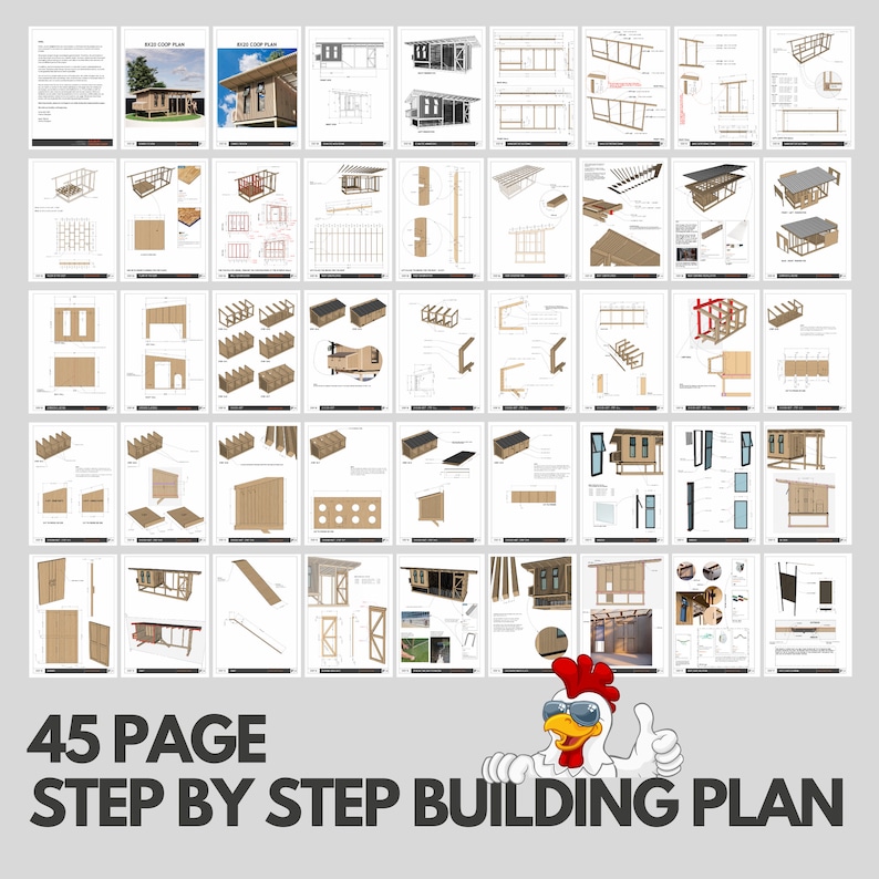 May include: A 45-page step-by-step building plan for a chicken coop. The plan includes detailed diagrams and instructions for building a coop with a ramp, nesting boxes, and a roosting bar.