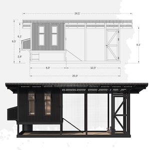 May include: A black chicken coop with a covered run. The coop has two windows, a door, and a ramp. The run is 20 feet long and 8 feet wide. The coop is 9.5 feet tall and 6.1 feet wide. The run is 8.1 feet tall.