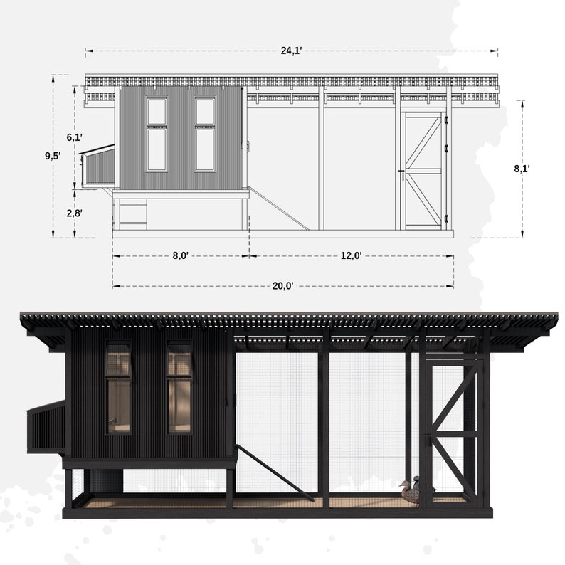 May include: A black chicken coop with a covered run. The coop has two windows, a door, and a ramp. The run is 20 feet long and 8 feet wide. The coop is 9.5 feet tall and 6.1 feet wide. The run is 8.1 feet tall.