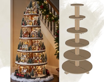 Christmas Village Display Tree Stand Plans: DIY 81in Plywood Woodworking Plan, CNC Cutting Files, PDF Download