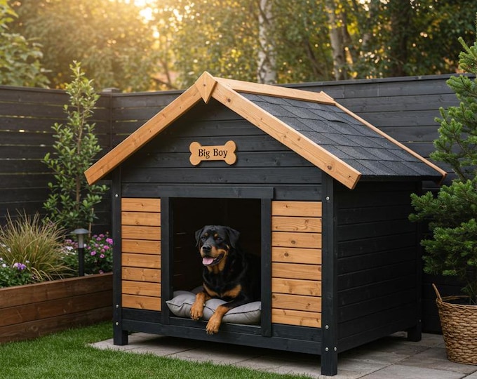 Featured listing image: DIY Modern Dog House Plans: Large Wooden Outdoor Shelter (PDF & SketchUp)