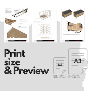 May include: A printable PDF plan for building a chicken coop. The plan includes three steps: roof construction, floor of the coop, and chicken nest. The print sizes are 8.3 x 11.7 inches (210 x 297 mm) and 11.7 x 16.5 inches (297 x 420 mm).