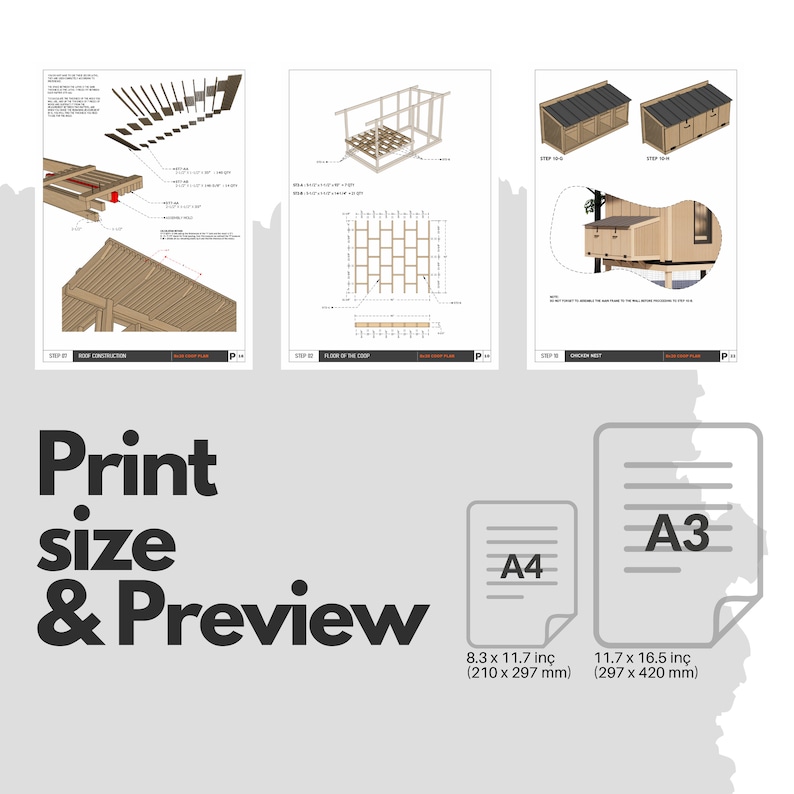 May include: A printable PDF plan for building a chicken coop. The plan includes three steps: roof construction, floor of the coop, and chicken nest. The print sizes are 8.3 x 11.7 inches (210 x 297 mm) and 11.7 x 16.5 inches (297 x 420 mm).