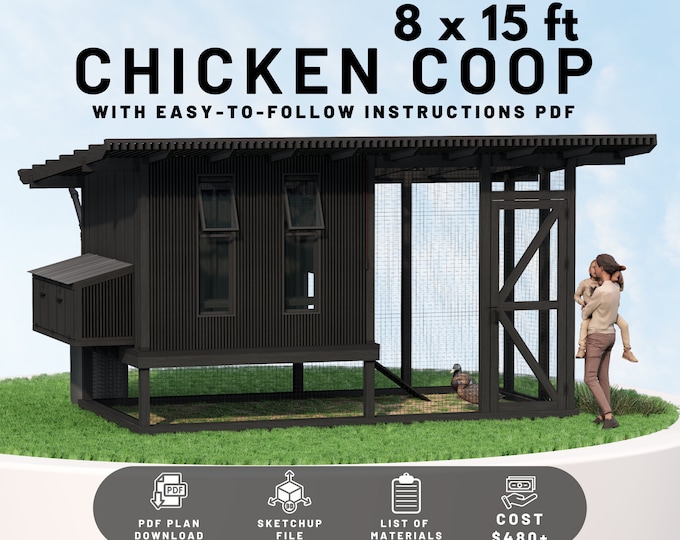 Featured listing image: DIY 8x15ft Chicken Coop Plans | Amazing Modern Design for 20 Chickens
