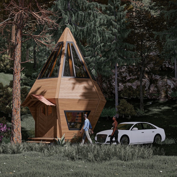 Wooden Diamond Cabin Blueprint: DIY Tiny House plans.