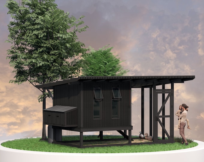 Featured listing image: DIY 8x15 ft Modern Chicken Coop Plans | Wooden Hen House Design (PDF Download)