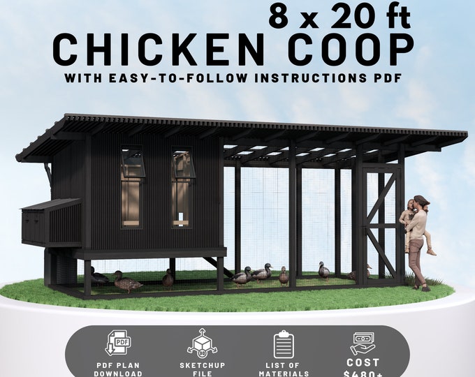 Featured listing image: DIY 8x20ft Chicken Coop Plans | Amazing Modern Design for 20 Chickens