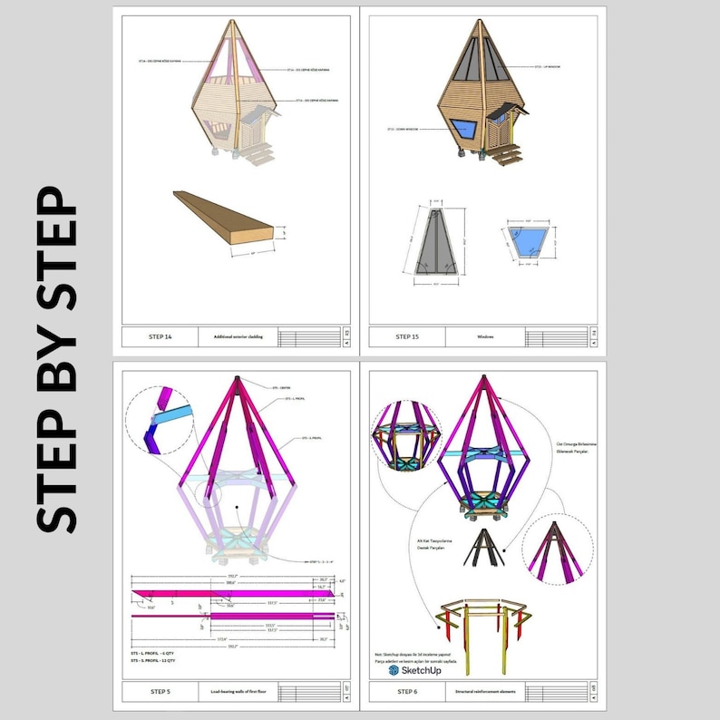 May include: A step-by-step guide to building a small, triangular house. The guide includes detailed diagrams and instructions for each step of the construction process. The house is designed to be a unique and modern dwelling.