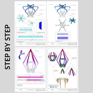 May include: A step-by-step guide to building a geometric structure. The guide includes detailed diagrams and measurements for each step. The structure is made of wood and has a hexagonal base. The guide is titled "Step by Step" and is created by SketchUp.