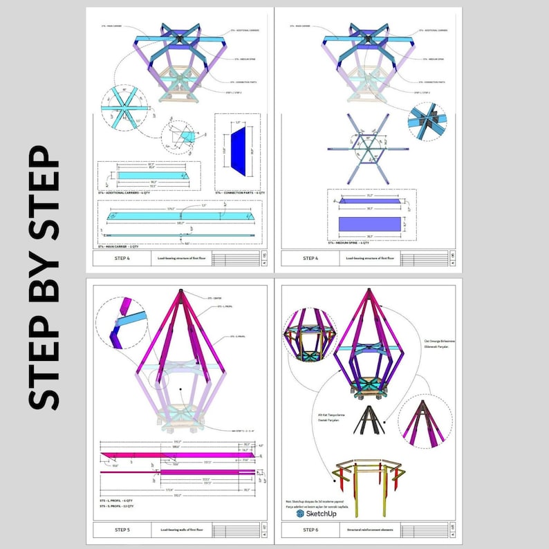 May include: A step-by-step guide to building a geometric structure. The guide includes detailed diagrams and measurements for each step. The structure is made of wood and has a hexagonal base. The guide is titled "Step by Step" and is created by SketchUp.