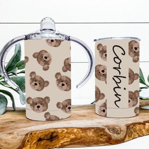 Teddy Bear Sippy Cup, Teddy Bear Pattern, Personalized Sippy Cup, Gift For Baby, Christmas Gift, Boho Baby Girl, Custom Sippy Cup
