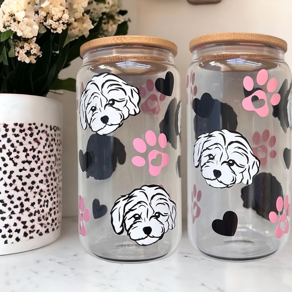 Maltipoo Beer Glass Can | Cavapoo Frosted Glass | Vintage Poodle | Maltese Mom Tumbler | Dog Mom Clear Glass | With Bamboo Lid | Cockapoo