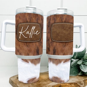 Personalized 40oz Giant Tan Cow Print Tumbler With Handle, Cowhide 40oz Quencher Tumbler, Custom 40oz Giant Tumbler With Lid And Straw