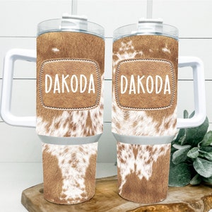 Personalized Cowhide Tumbler, Custom Cowhide 40oz Tumbler, 40oz Cow Print Stanley Dupe, Personalized Cow Print Tumbler, Gift For Mom