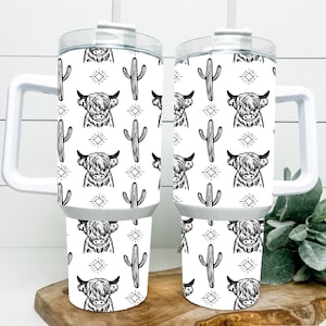 40 oz Tumbler With Handle, Highland Cow Tumbler, 40oz Stanley Dupe Highland Cows, Quencher Tumbler, Cow Print, Gift For Her, Mothers Day