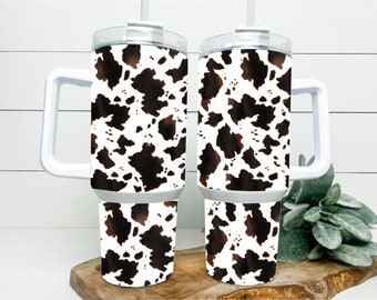 40oz White Cow Print Cowhide Western Insulated Tumbler With Handle