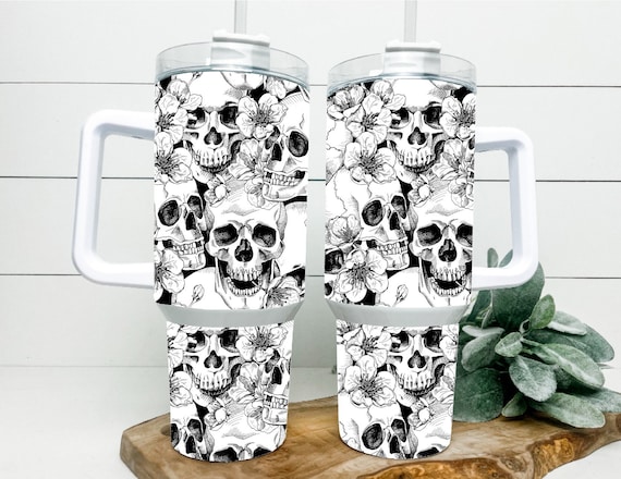 40 Oz Skull Tumbler, 40oz Quencher Skull Flowers Tumbler With Handle, 40oz  Skull Voyager Dupe, 40oz Halloween Skeleton Cup, Cup for Fall 