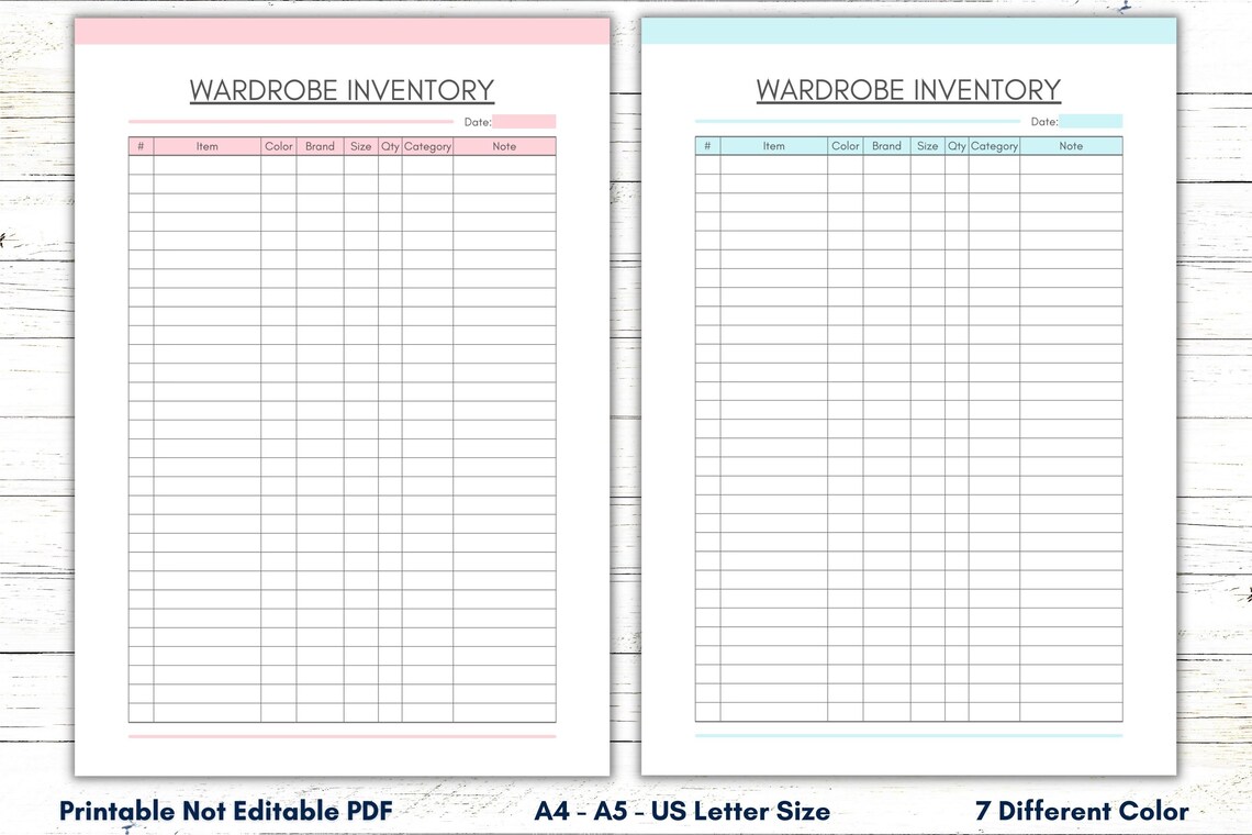 Printable Wardrobe Inventory Template, Wardrobe Organizer Sheet ...