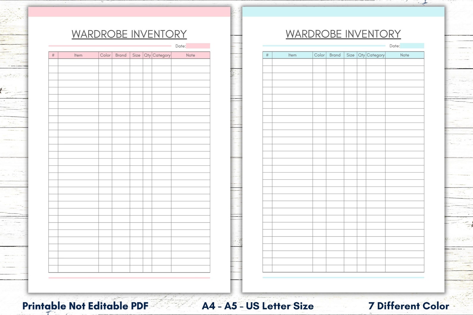 Printable Wardrobe Inventory Template, Wardrobe Organizer Sheet
