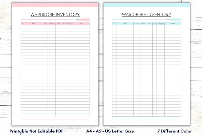 Printable Wardrobe Inventory Template, Wardrobe Organizer Sheet