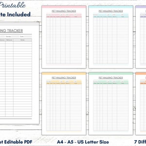 May include: Printable pet walking tracker log in seven different colors: pink, light blue, purple, yellow, green, light green, and orange. The tracker includes columns for date, time, location, duration, behavior, and notes. The text "Printable Not Editable PDF" and "A4 - A5 - US Letter Size" are at the bottom of the image.