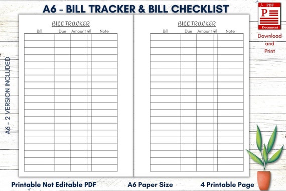 A6 Printable Bills Tracker A6 Bill Payments Checklist PDF A6 | Etsy