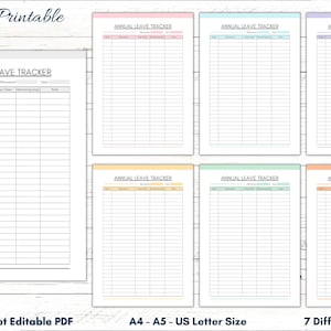 Könnte beinhalten: Eine Sammlung druckbarer Jahresurlaubs-Tracker in sieben verschiedenen Farben. Jeder Tracker hat ein Rasterlayout mit Spalten für Datum, Beschreibung, Urlaubstage, Resttage und Notizen. Der Text "feza Printable" und "Annual Leave Tracker" ist sichtbar.