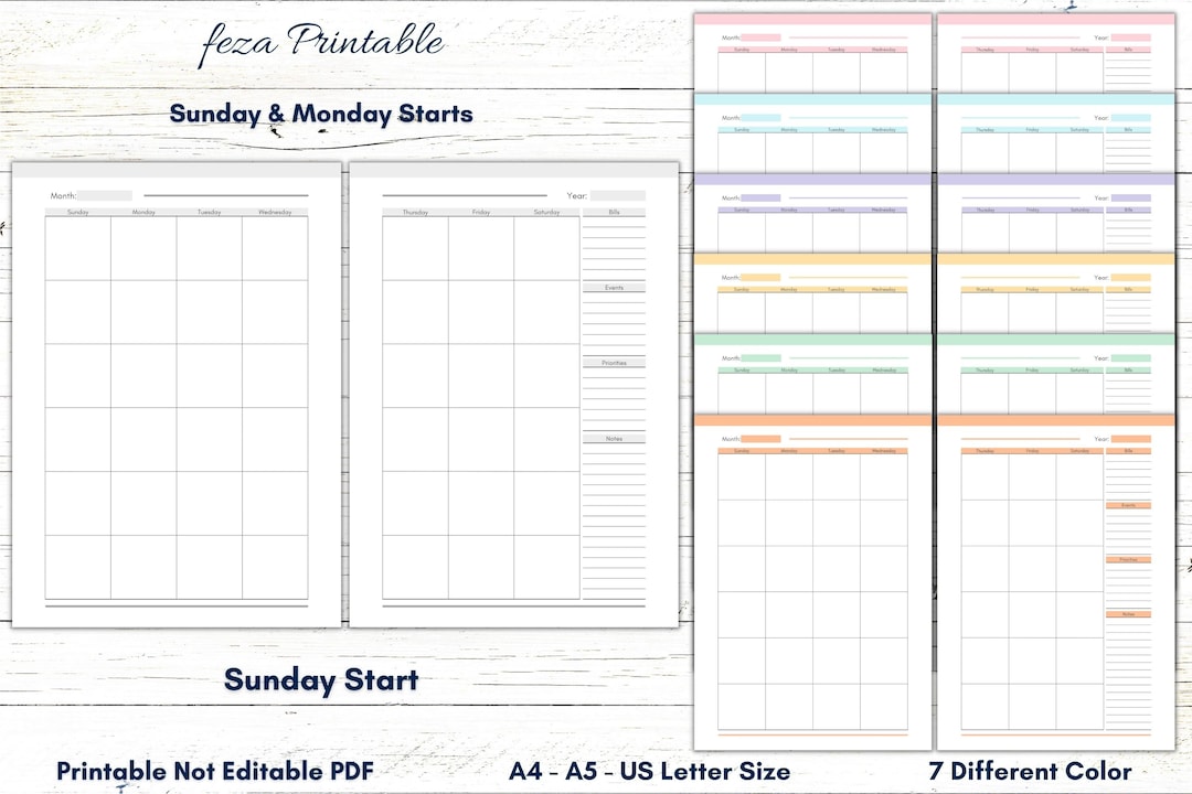Printable Monthly Calendar, Printable Monthly Organizer, Printable Monthly Planner, Printable ...