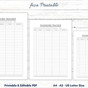 Liste de mot de passe modifiable, Tracker de mot de passe imprimable, Journal de mot de passe, Modèle de liste de mot de passe, Gardien de mot de passe, A4, A5, US Letter, Digital