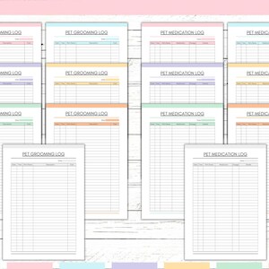 Peut inclure: Mod&egrave;les imprimables de journaux de toilettage et de m&eacute;dicaments pour animaux de compagnie. Les mod&egrave;les sont de diff&eacute;rentes couleurs pastel, notamment rose, bleu, vert et jaune. Chaque mod&egrave;le porte un titre qui dit "Journal de toilettage des animaux de compagnie" ou "Journal de m&eacute;dicaments pour animaux de compagnie".