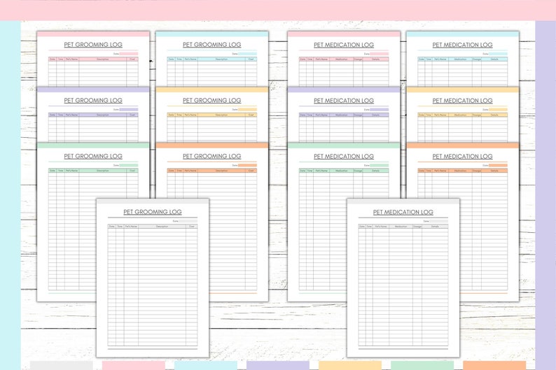 Peut inclure: Mod&egrave;les imprimables de journaux de toilettage et de m&eacute;dicaments pour animaux de compagnie. Les mod&egrave;les sont de diff&eacute;rentes couleurs pastel, notamment rose, bleu, vert et jaune. Chaque mod&egrave;le porte un titre qui dit "Journal de toilettage des animaux de compagnie" ou "Journal de m&eacute;dicaments pour animaux de compagnie".