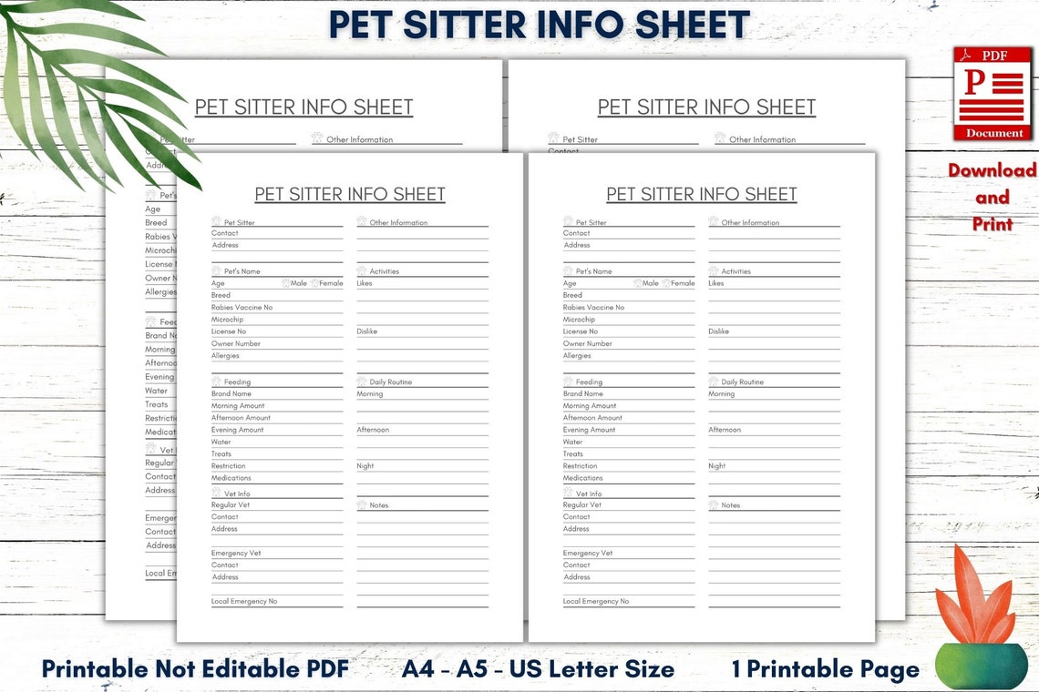 Printable Pet Sitter Information Sheet Pet Sitter Information | Etsy
